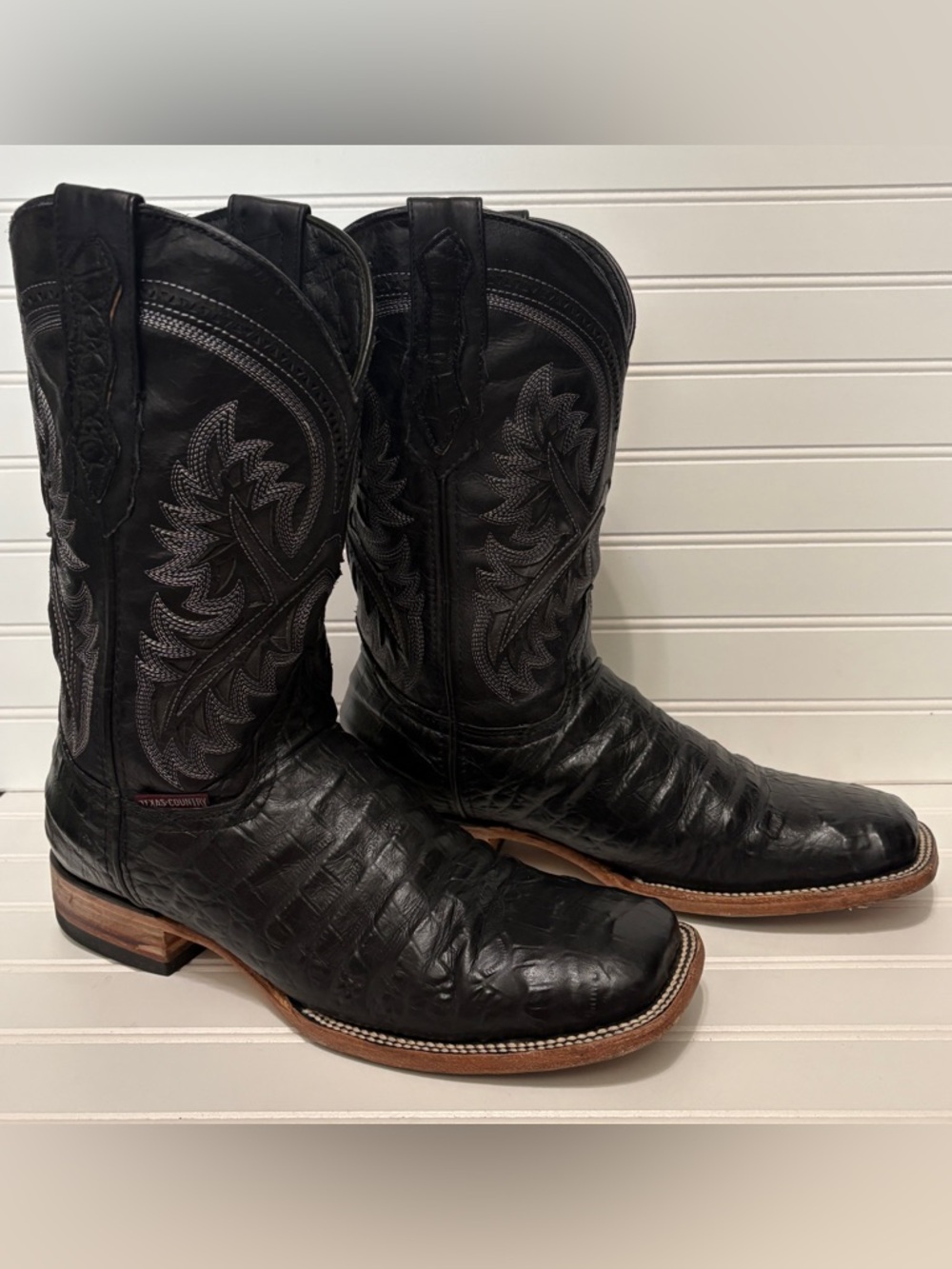 TEXAS COUNTRY Black Exotic Caiman Leather Square Toe Cowboy Boots Mens Size 9